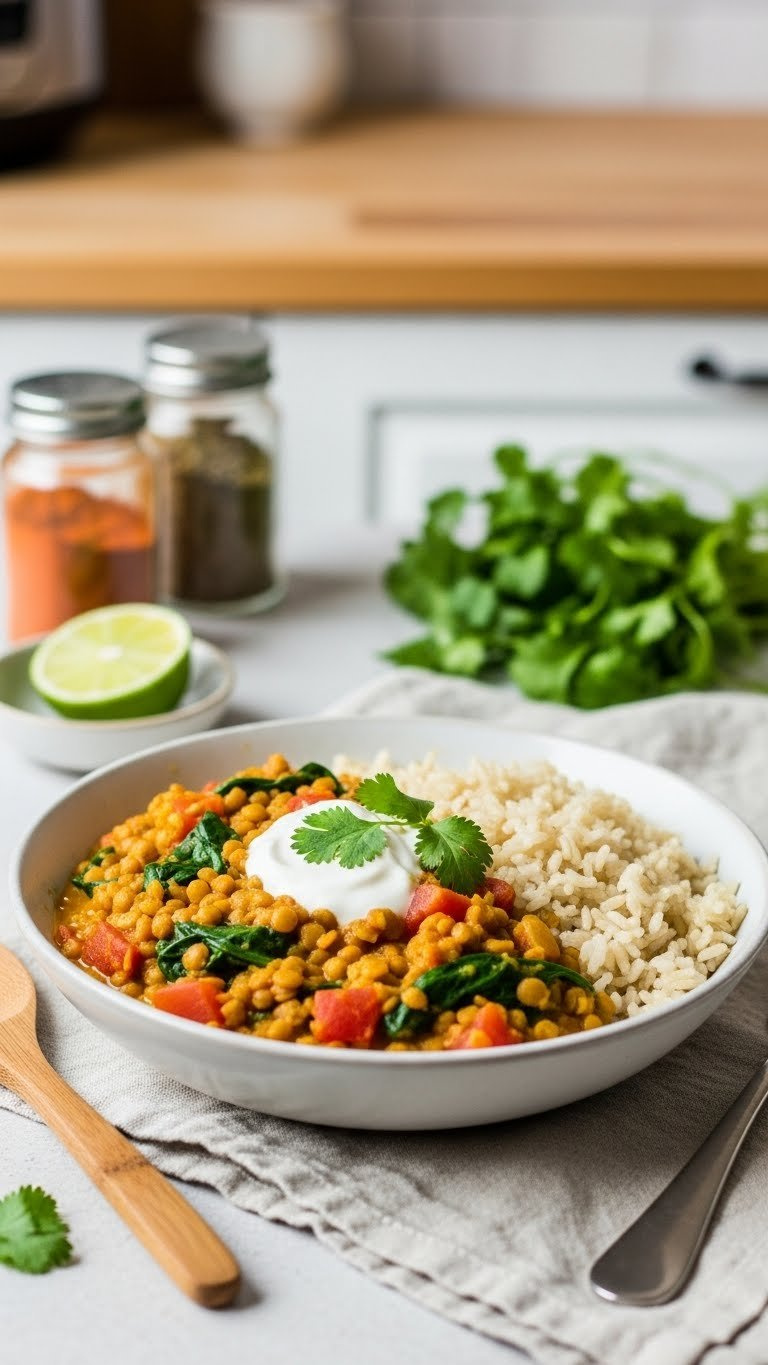Vibrant Instant Pot Vegetarian Lentil Curry With Brown Rice, Garnished With Cilantro, In A Rustic Bowl On A Linen Tablecloth.