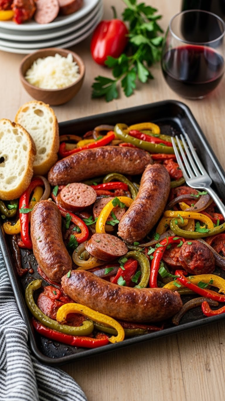 Vibrant Italian Sausage And Peppers With Roasted Bell Peppers And Onions On Dark Metal Baking Sheet