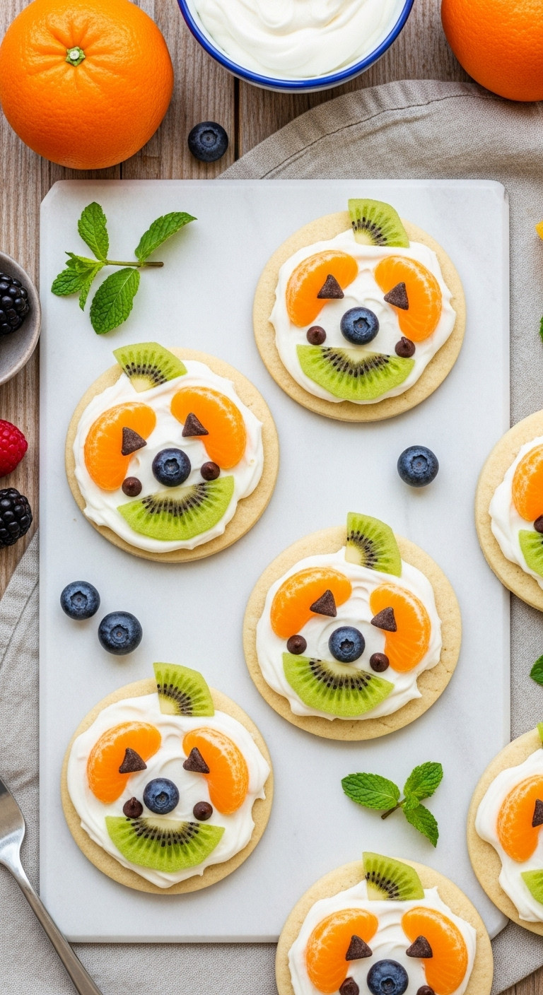 Vibrant Jack-O'-Lantern Fruit Pizzas With Mandarin, Kiwi, And Blueberry Faces On A Sugar Cookie Crust, Rustic Table.