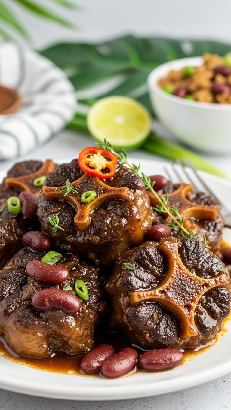 Vibrant Jamaican Instant Pot Oxtail With Rich Gravy, Red Kidney Beans, And Fresh Thyme, Served On A White Plate.