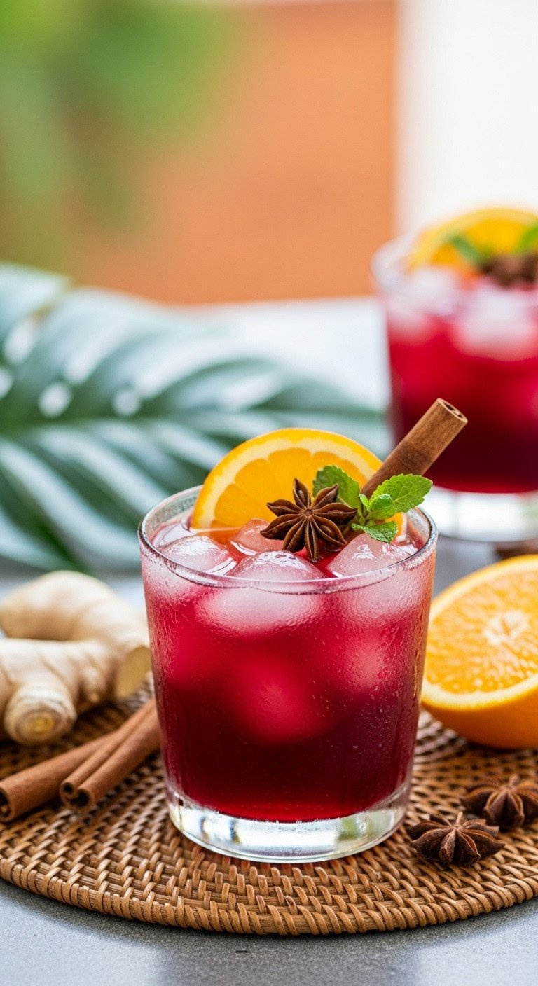 Vibrant Jamaican Sorrel Drink, Ruby-Red, Garnished With Orange Slice, Cinnamon Stick, Icy Glass On A Rattan Placemat.