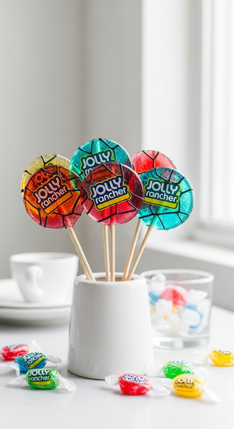 Vibrant Jolly Rancher Stained Glass Lollipops On A White Stand, Showcasing Translucent Colors And Wooden Sticks.
