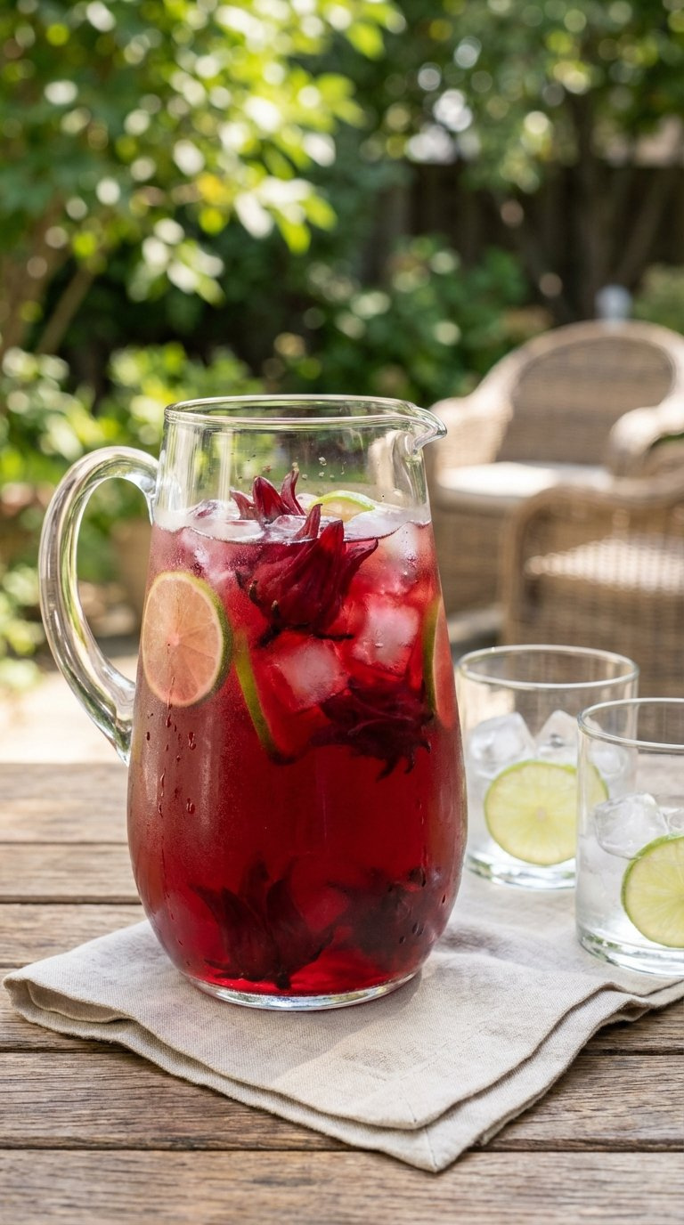 Vibrant Juneteenth Hibiscus Red Drink In Clear Glass Pitcher With Lime Slices And Whole Hibiscus Flowers Garnished On Rustic Wooden Table