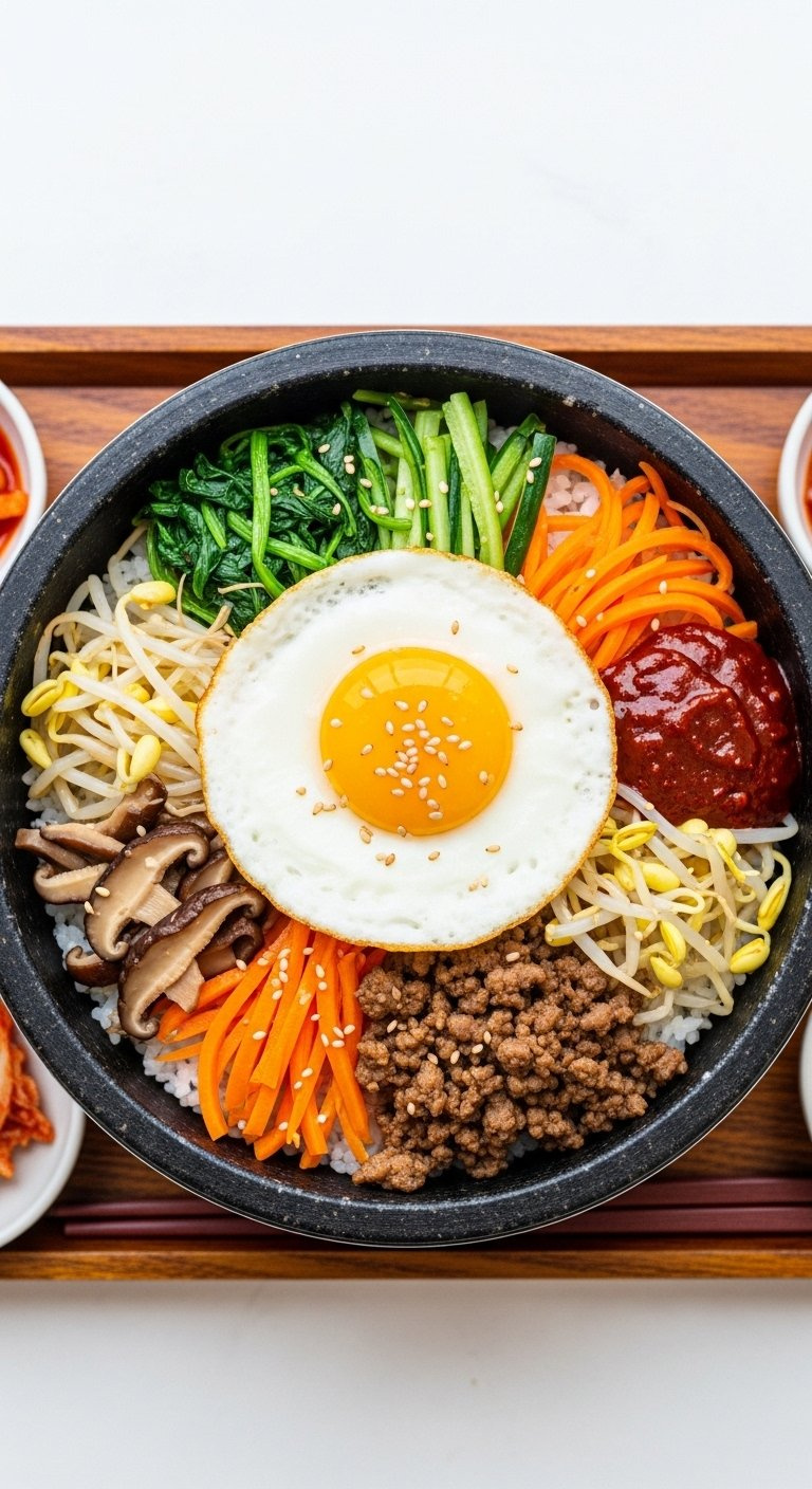 Vibrant Korean Bibimbap In A Stone Bowl Topped With Vegetables, Beef, And A Fried Egg.