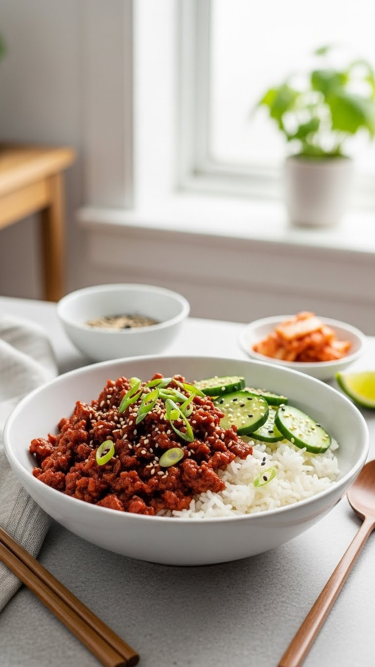 Vibrant Korean Gochujang Beef Bowl With Ground Beef, Rice, Scallions And Pickled Cucumbers On Ceramic Dish