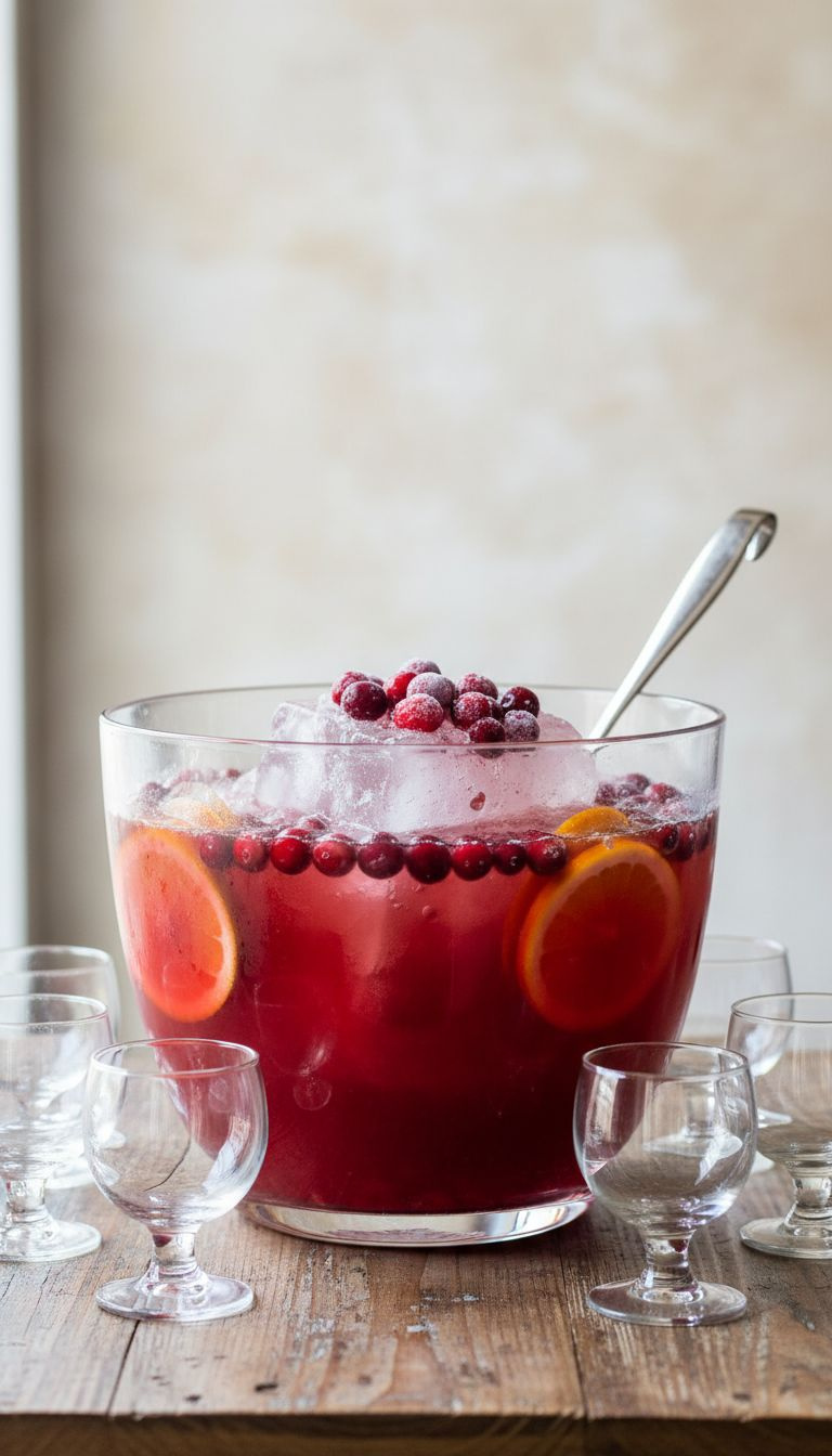 Vibrant Large-Batch Cranberry Christmas Punch In A Glass Bowl With Ice, Cranberries, Orange Slices, And Cups On A Wood Table.