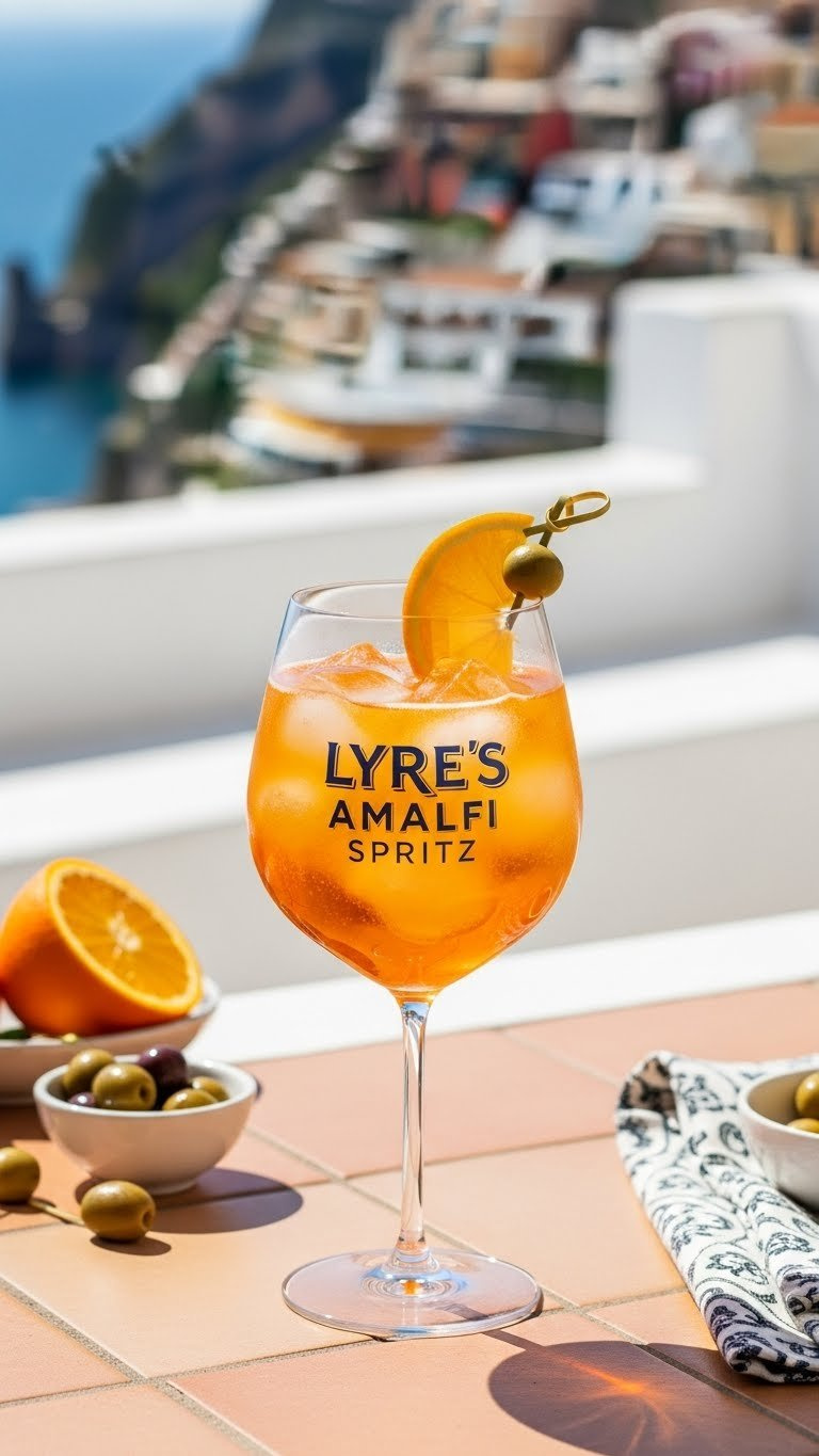 Vibrant Lyre's Amalfi Spritz Mocktail With Orange Slice And Olive In Wine Glass On Terracotta Tiles