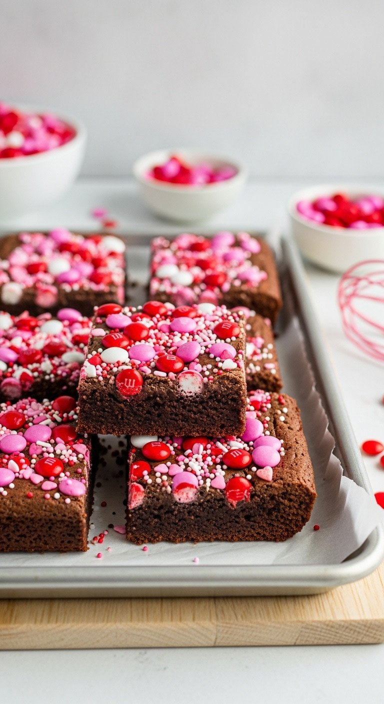 Vibrant M&Amp;M Sprinkle Brownie Bars, Loaded With Pink, Red, White Valentine's Day Candies &Amp; Sprinkles On Baking Sheet.
