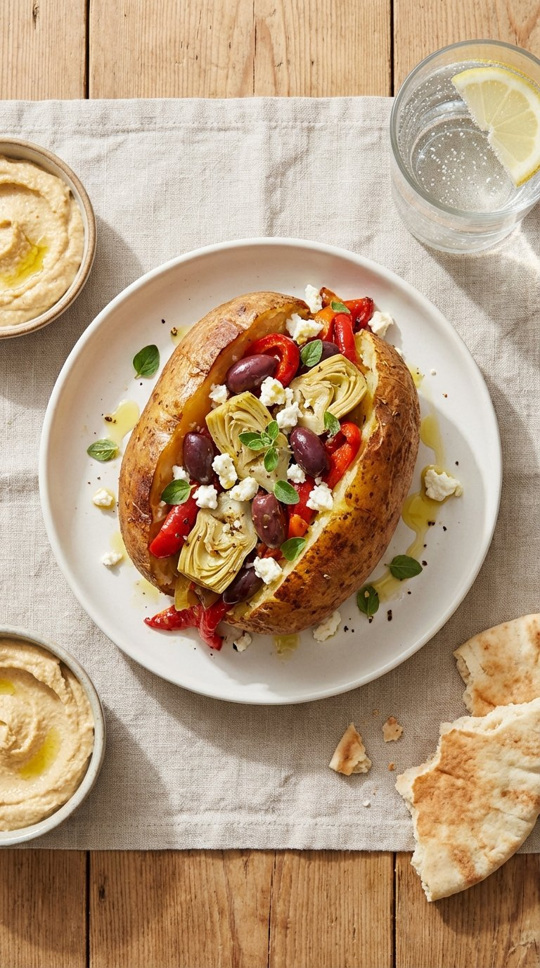 Vibrant Mediterranean Veggie Baked Potato With Roasted Peppers, Artichokes, Olives, Feta Cheese, And Olive Oil