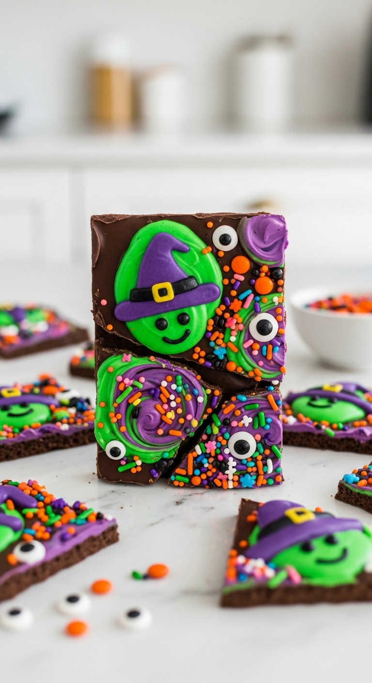 Vibrant Melted Witch Bark: Green, Purple, Black Swirls, Halloween Sprinkles, Candy Eyeballs On White Marble. Festive Spooky Treat Photography.