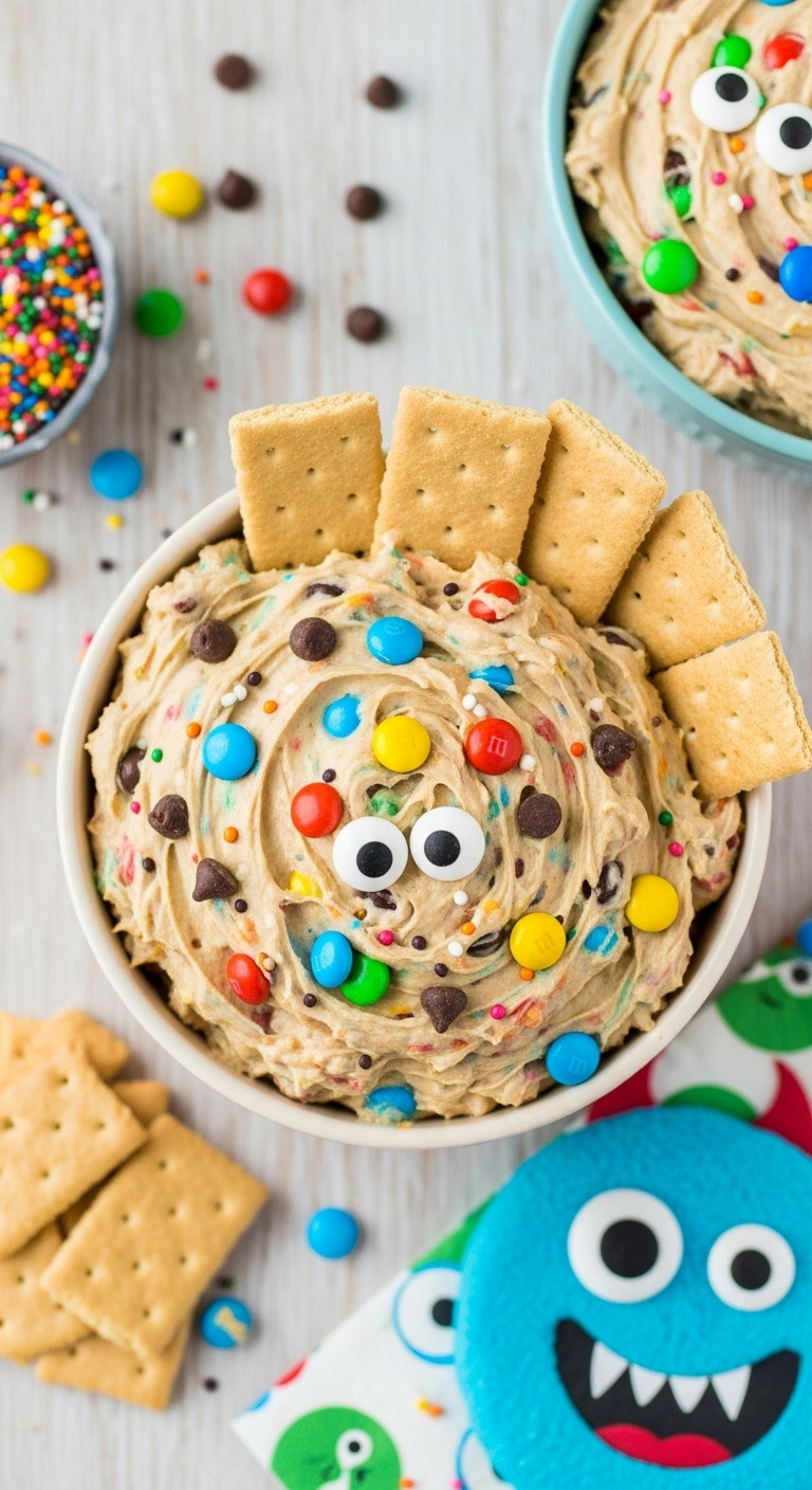 Vibrant Monster Cookie Dough Dip With Chocolate Chips, M&Amp;M's, Googly Eyes, And Dippers. Fun Halloween Party Food, Brightly Colored.