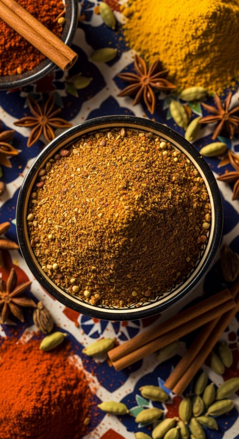 Vibrant Moroccan Ras El Hanout Spice Blend In An Ornate Bowl Surrounded By Whole Cinnamon Sticks And Star Anise.