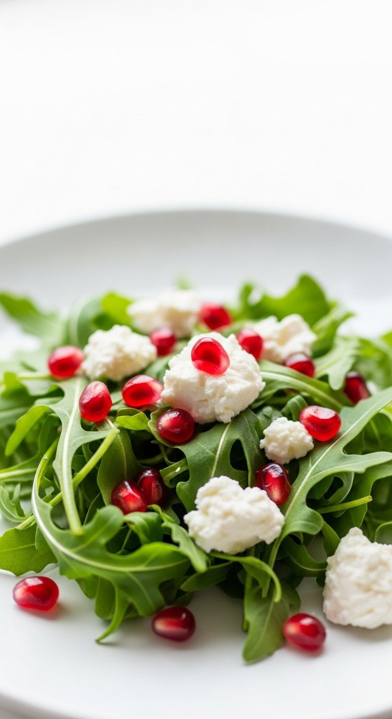 Vibrant Pomegranate, Goat Cheese, Arugula Salad With Red Arils And White Goat Cheese On A Clean White Plate.