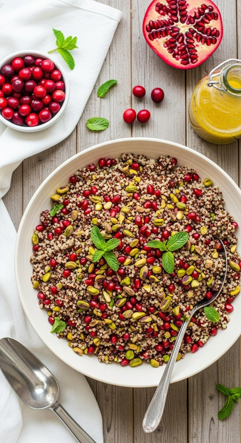 Vibrant Pomegranate Pistachio Quinoa Salad With Fluffy Quinoa, Red Seeds, Green Pistachios, Fresh Mint, On A Rustic Table.
