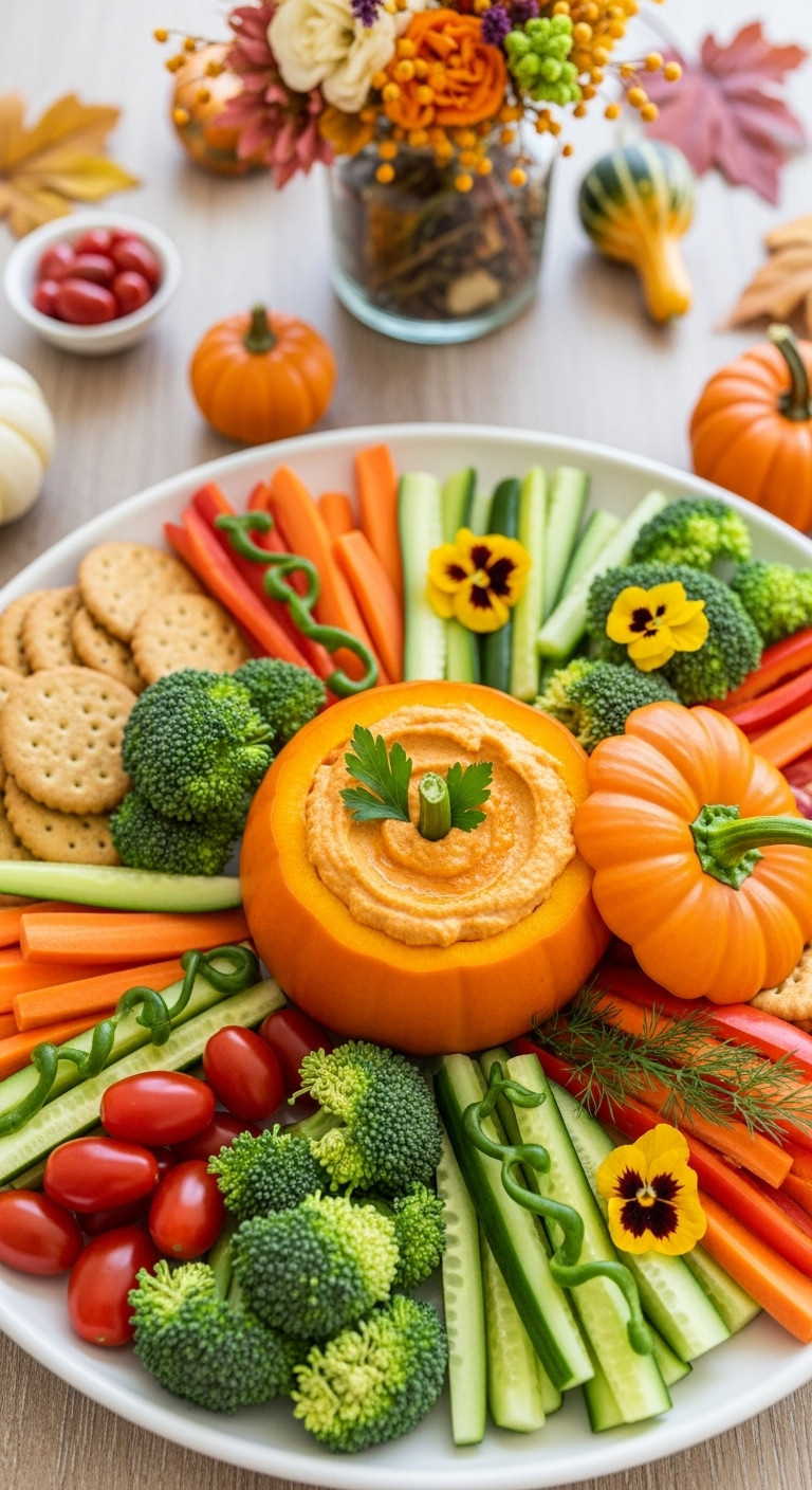 Vibrant Pumpkin Patch Veggie Tray: Orange Bell Pepper Dip, Colorful Raw Vegetables, Parsley Vines On A White Platter; Perfect For Halloween.