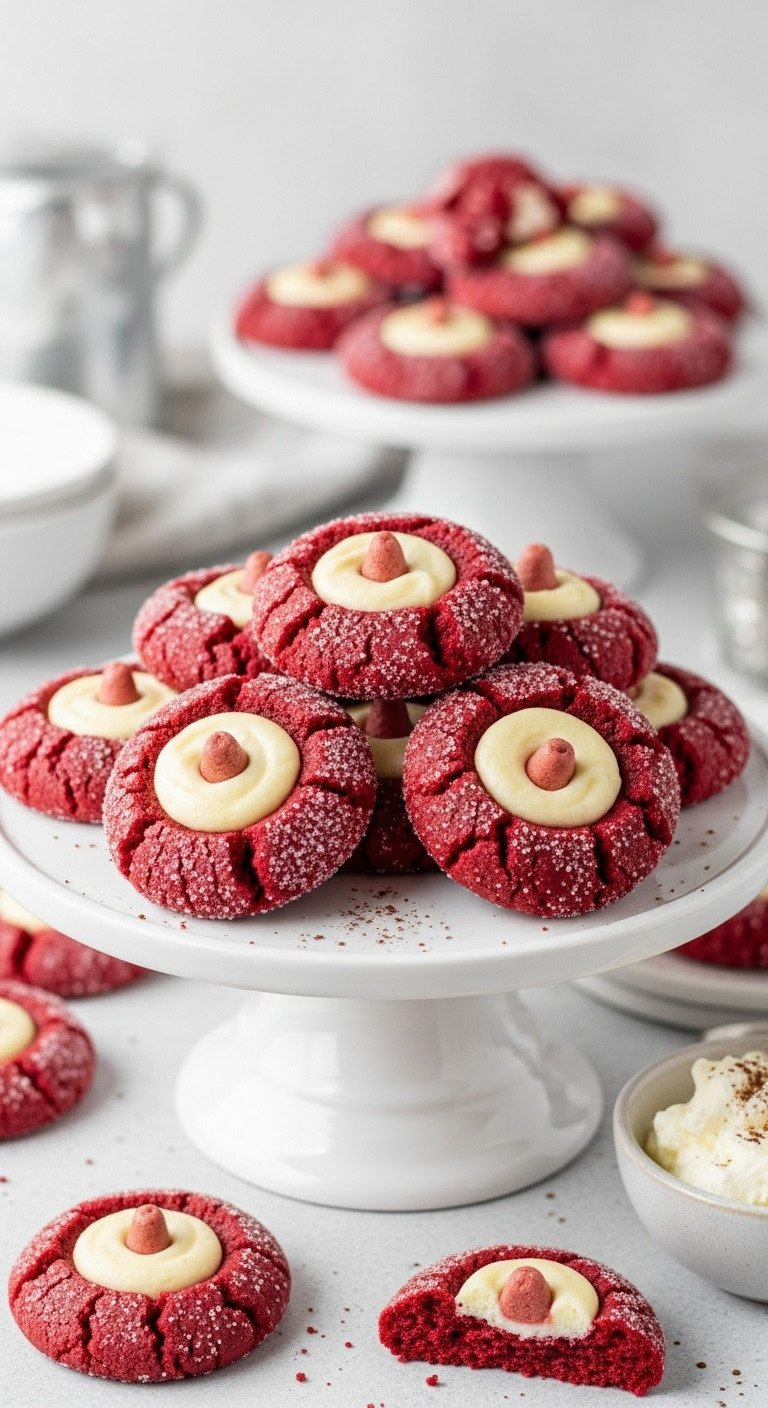 Vibrant Red Velvet Cheesecake Thumbprint Cookies With Creamy White Filling, Sparkling Sugar, On Elegant Cake Stand.