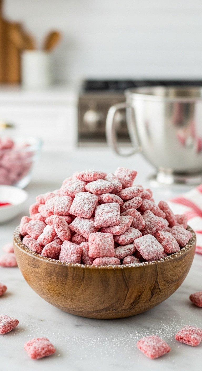 Vibrant Red Velvet Puppy Chow, Cereal Coated In Red Velvet Chocolate And Powdered Sugar, Piled High In A Rustic Bowl.