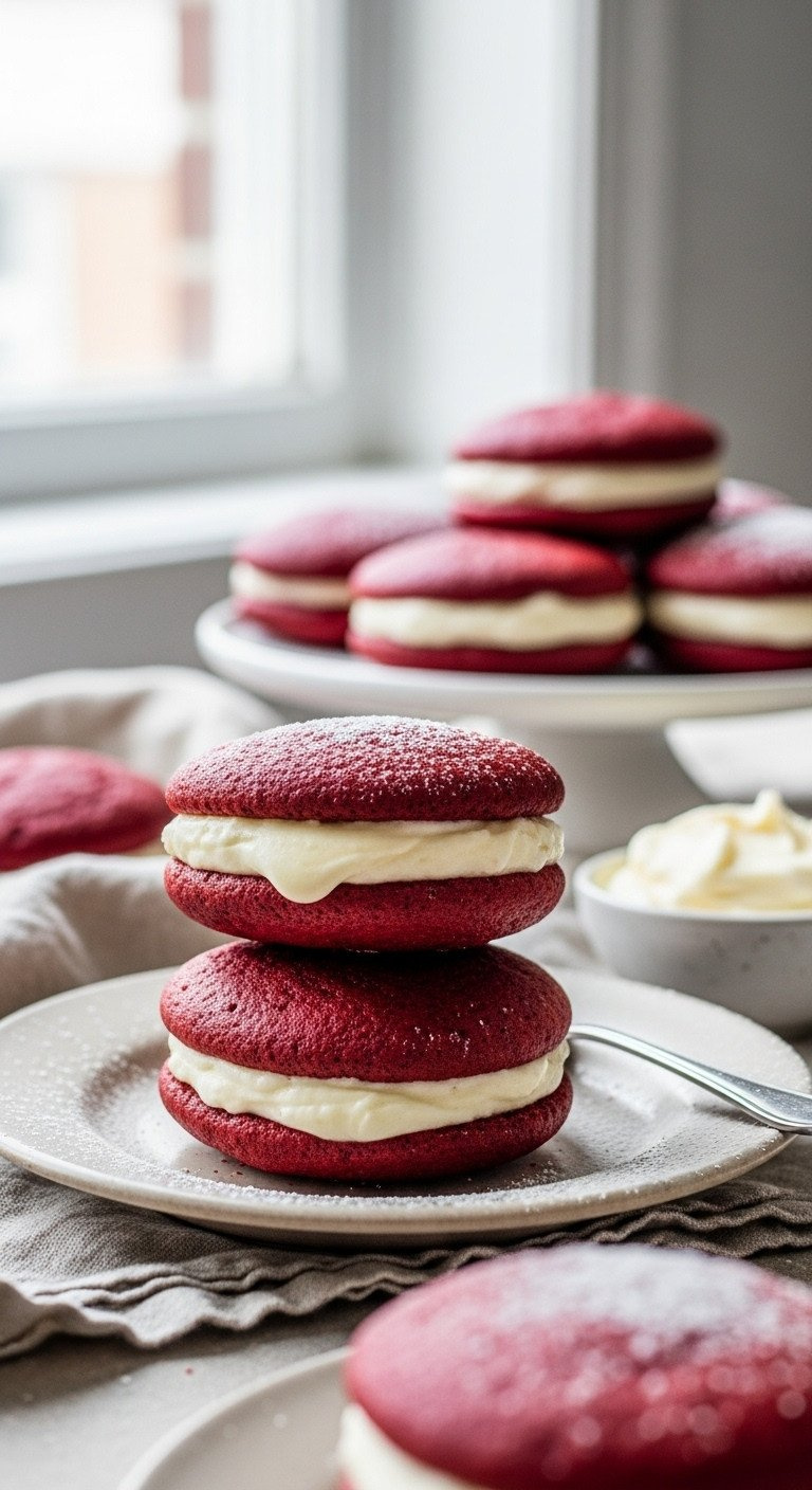 Vibrant Red Velvet Whoopie Pies With Thick Cream Cheese Filling On A Vintage Plate, Cozy Setting.