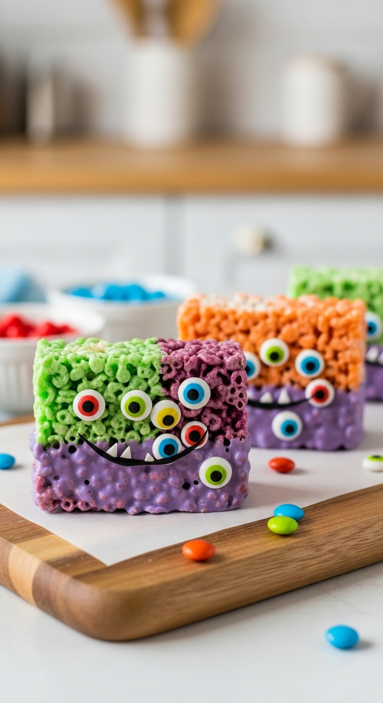 Vibrant Rice Krispie Treat Monsters, Dipped In Green, Purple, Orange Candy With Candy Eyeballs, On A Wooden Board For Halloween.