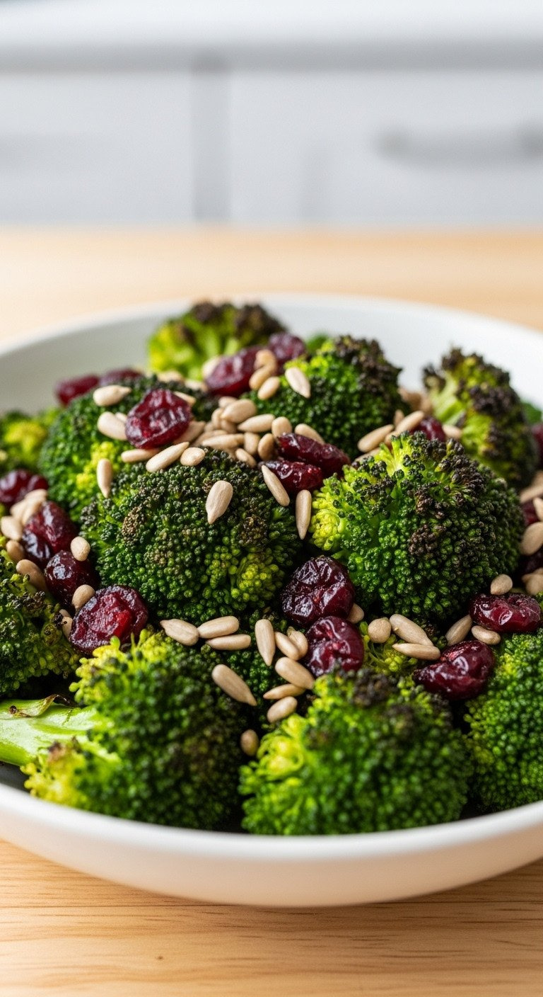 Vibrant Roasted Broccoli &Amp; Cranberry Salad: Charred Florets, Red Cranberries, Sunflower Seeds In Serving Bowl.