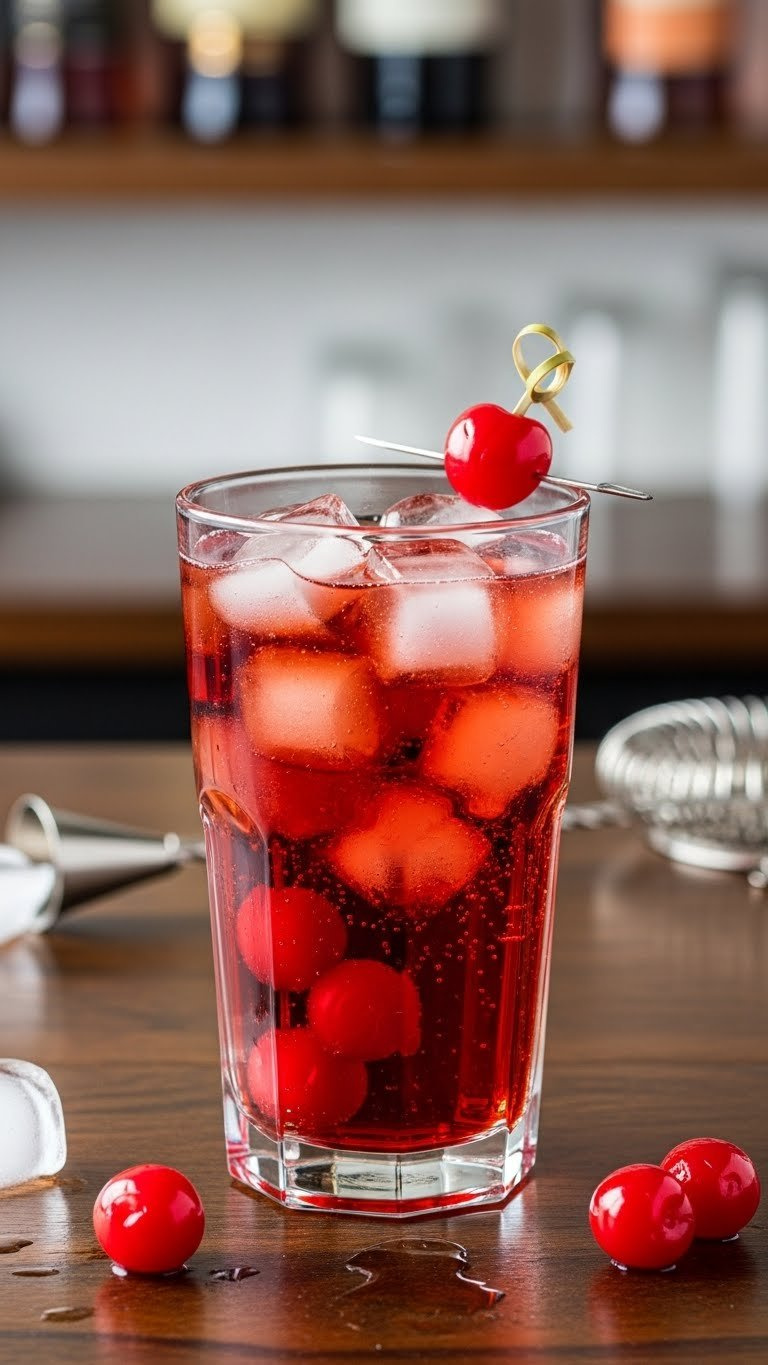 Vibrant Roy Rogers Mocktail With Red Cola, Ice Cubes, And Maraschino Cherries In Elegant Glass On Dark Wooden Bar