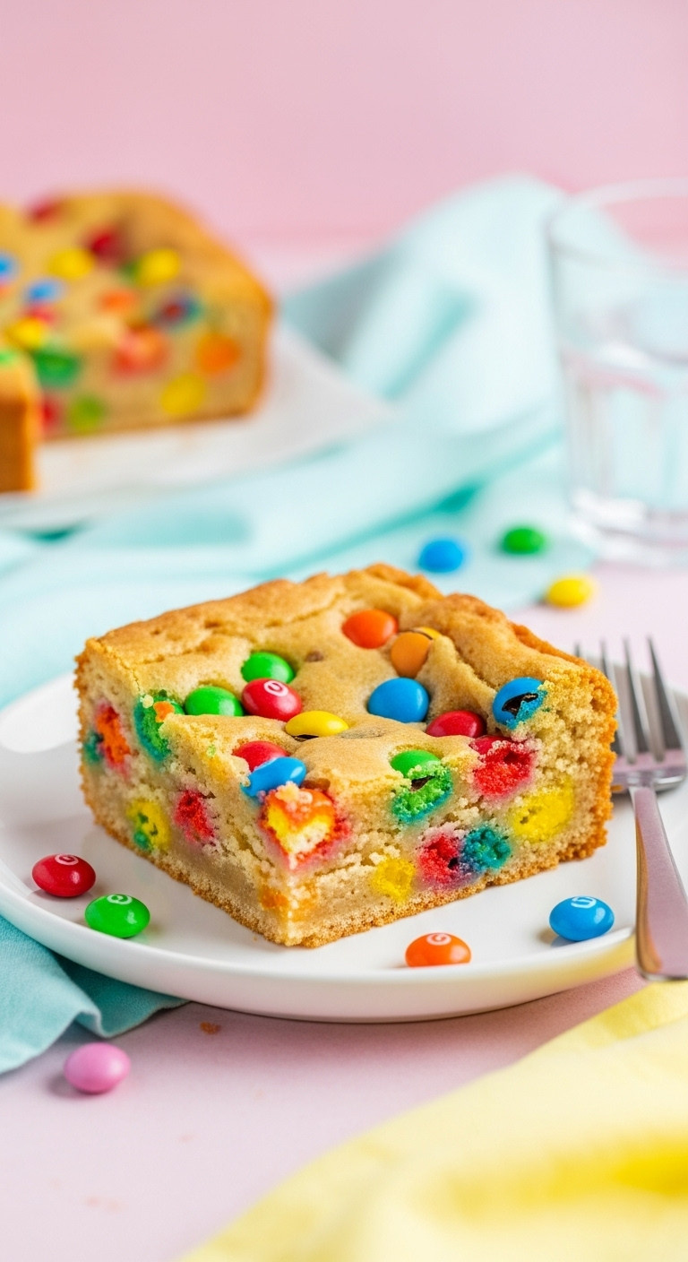 Vibrant Skittles And Starburst Blondie Cut Square On A White Plate, Revealing A Gooey, Fruity Interior With Melted Candies.