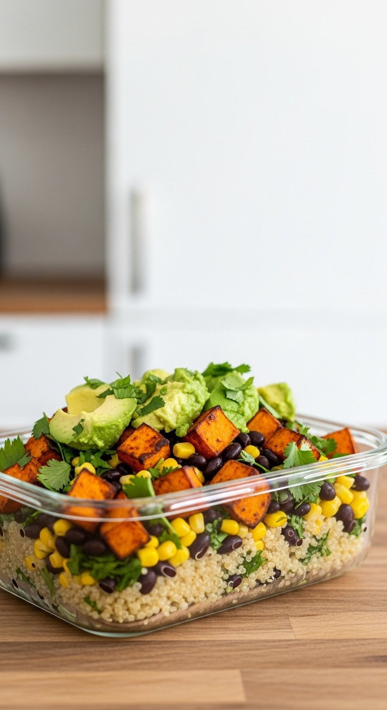 Vibrant Sweet Potato Quinoa Salad With Roasted Sweet Potato, Black Beans, Corn, Cilantro, Avocado Dressing In Glass.