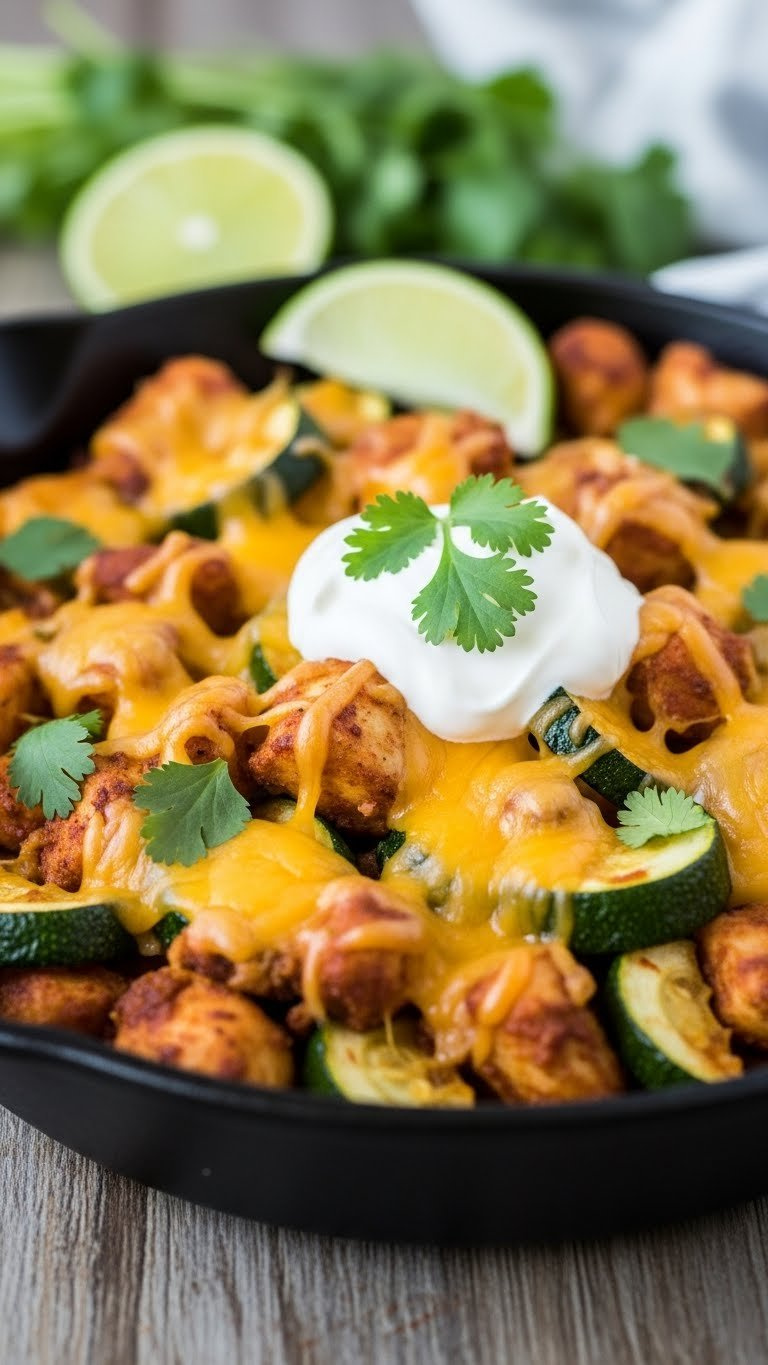 Vibrant Tex-Mex Baked Chicken Zucchini With Melted Cheddar And Monterey Jack Cheeses Garnished With Fresh Cilantro And Spices