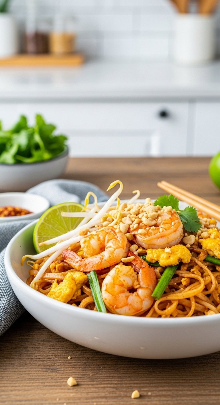 Vibrant Thai Pad Thai With Glistening Rice Noodles Shrimp Bean Sprouts And Crushed Peanuts In A White Ceramic Bowl.