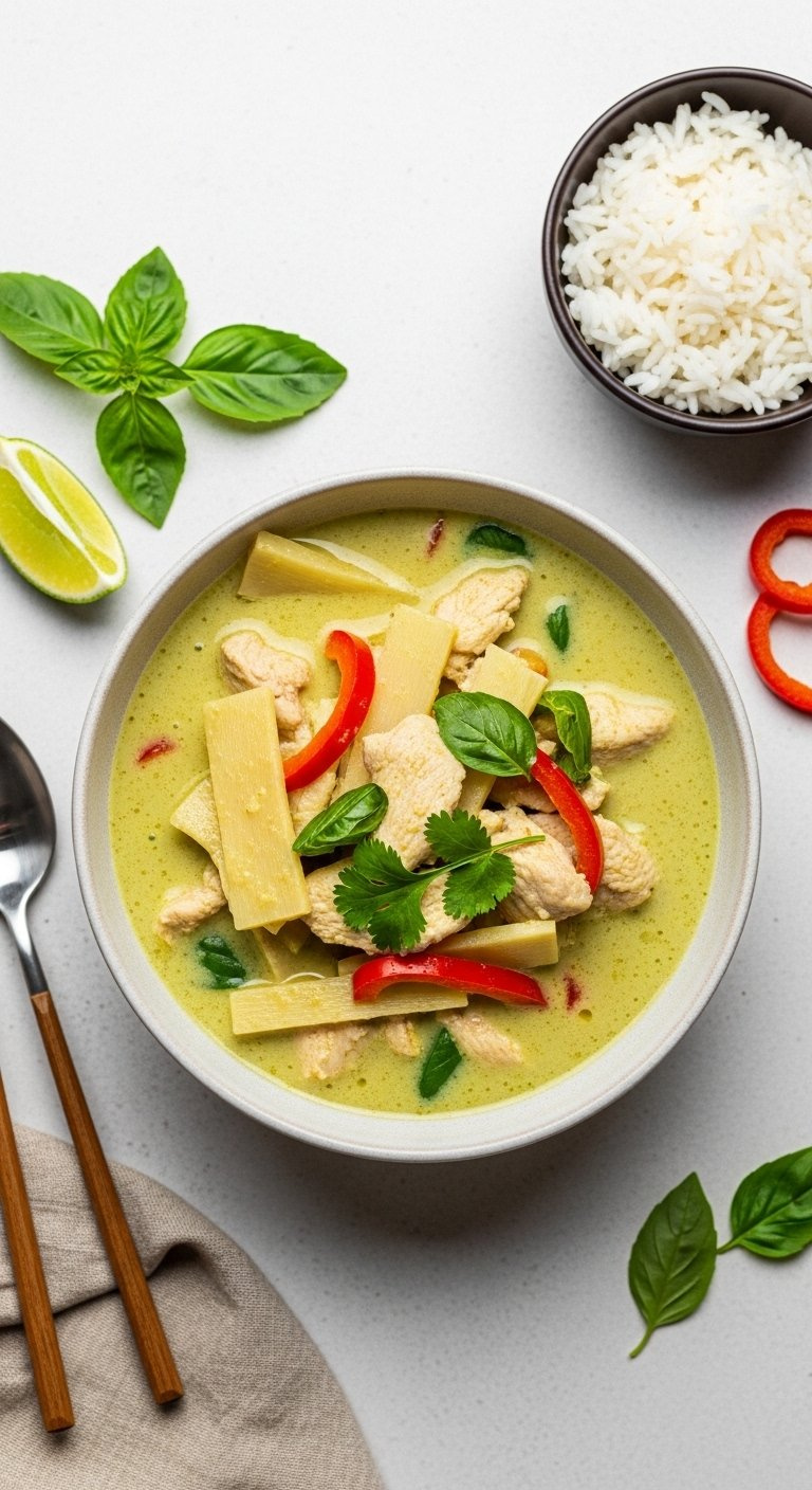 Vibrant Thai Green Curry With Chicken And Vegetables In A Coconut Broth Served With Jasmine Rice And Fresh Basil.