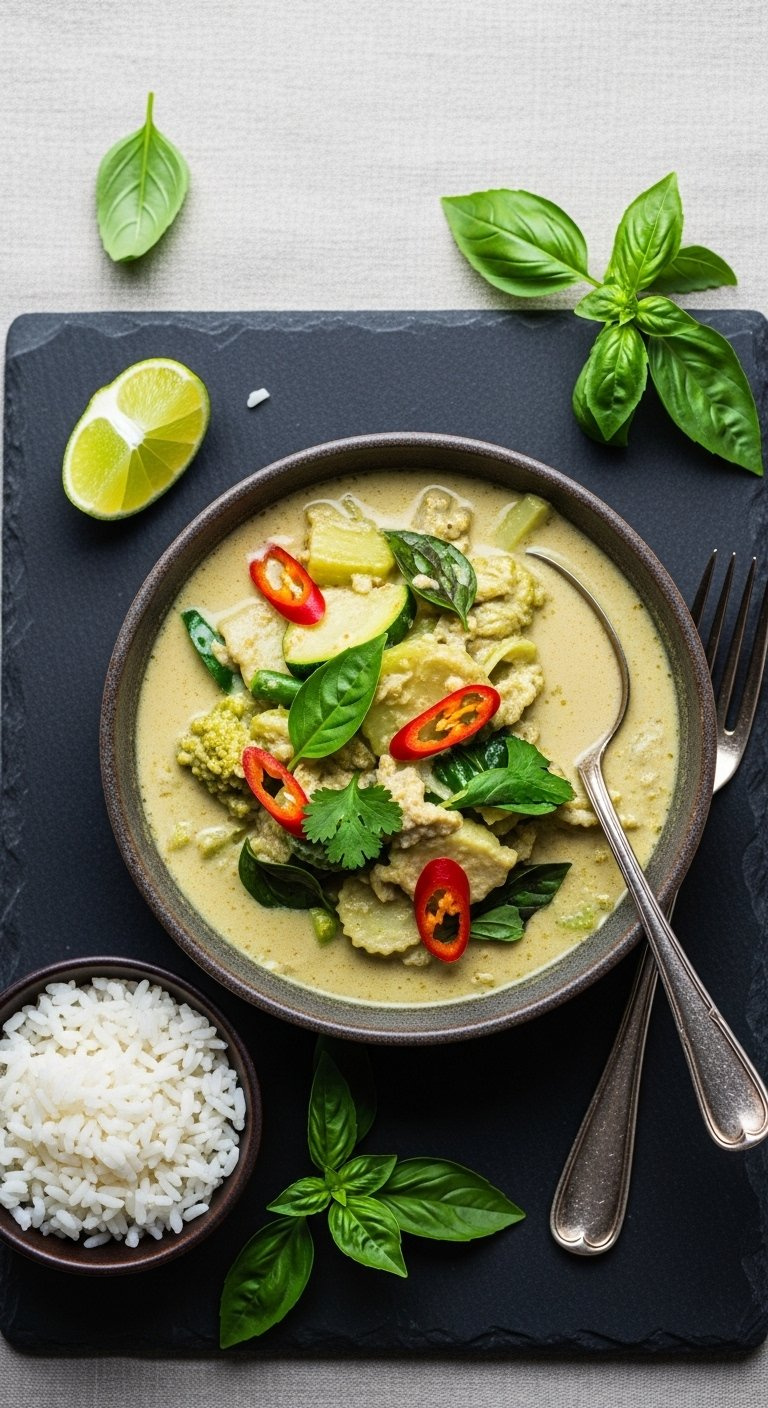 Vibrant Thai Green Curry With Fresh Vegetables And Basil Served In A Rustic Bowl With Jasmine Rice.