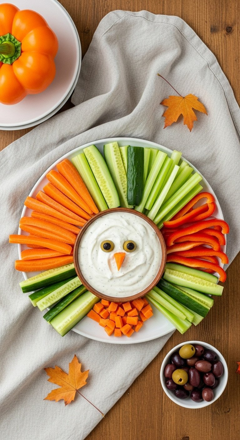 Vibrant Thanksgiving Turkey Veggie Platter With Ranch Dip Body, Carrot, Cucumber, Bell Pepper, And Celery 'Feathers'.