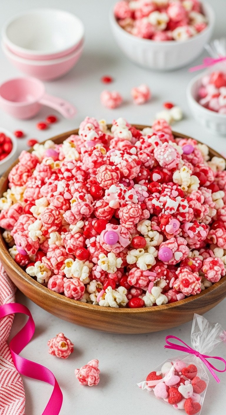 Vibrant Valentine's Popcorn Mix With Pink Chocolate, M&Amp;Ms, Red Sprinkles, And Mini Heart Candies In A Wooden Bowl.