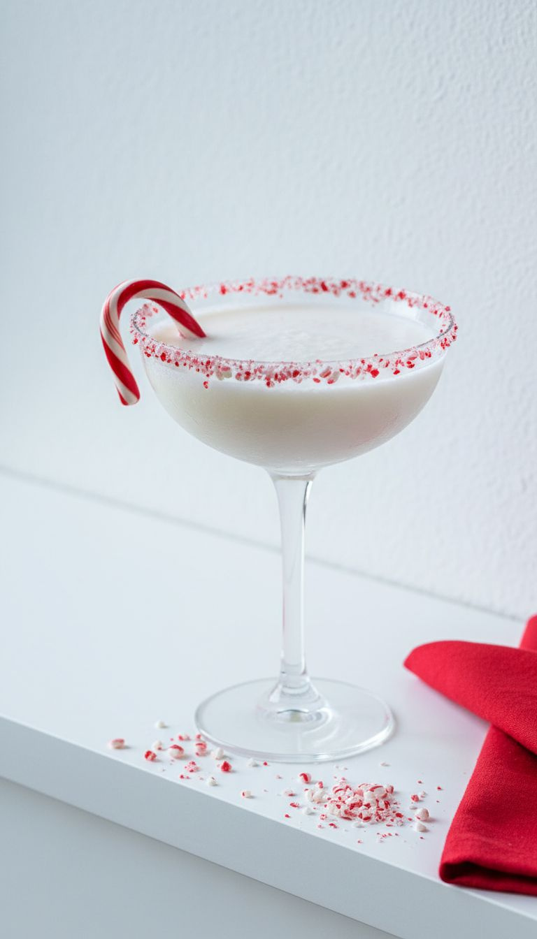 Vibrant White Candy Cane Martini In A Coupe Glass With Crushed Peppermint Rim And A Red Candy Cane On A Minimalist Shelf.