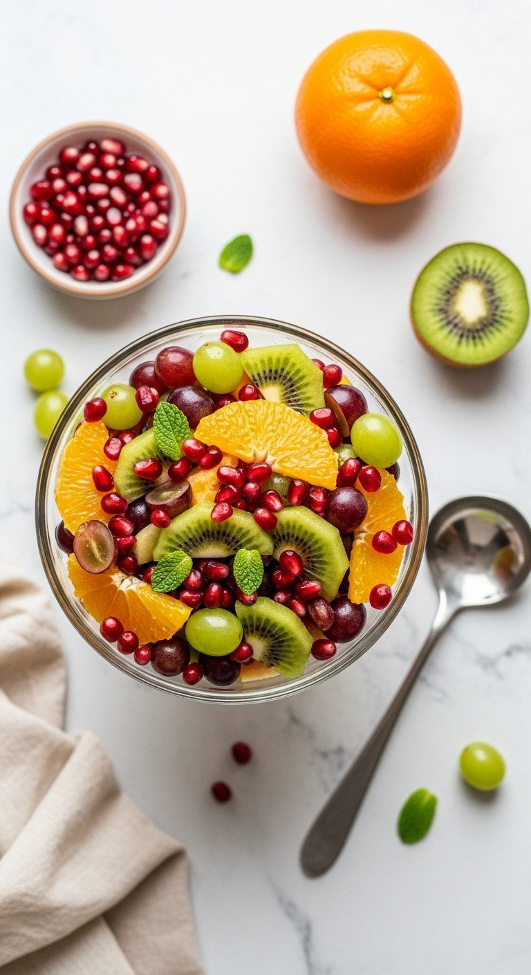 Vibrant Winter Fruit Salad With Citrus Glaze, Fresh Orange, Pomegranate, Kiwi, Grapes In Glass Bowl, Healthy Breakfast.