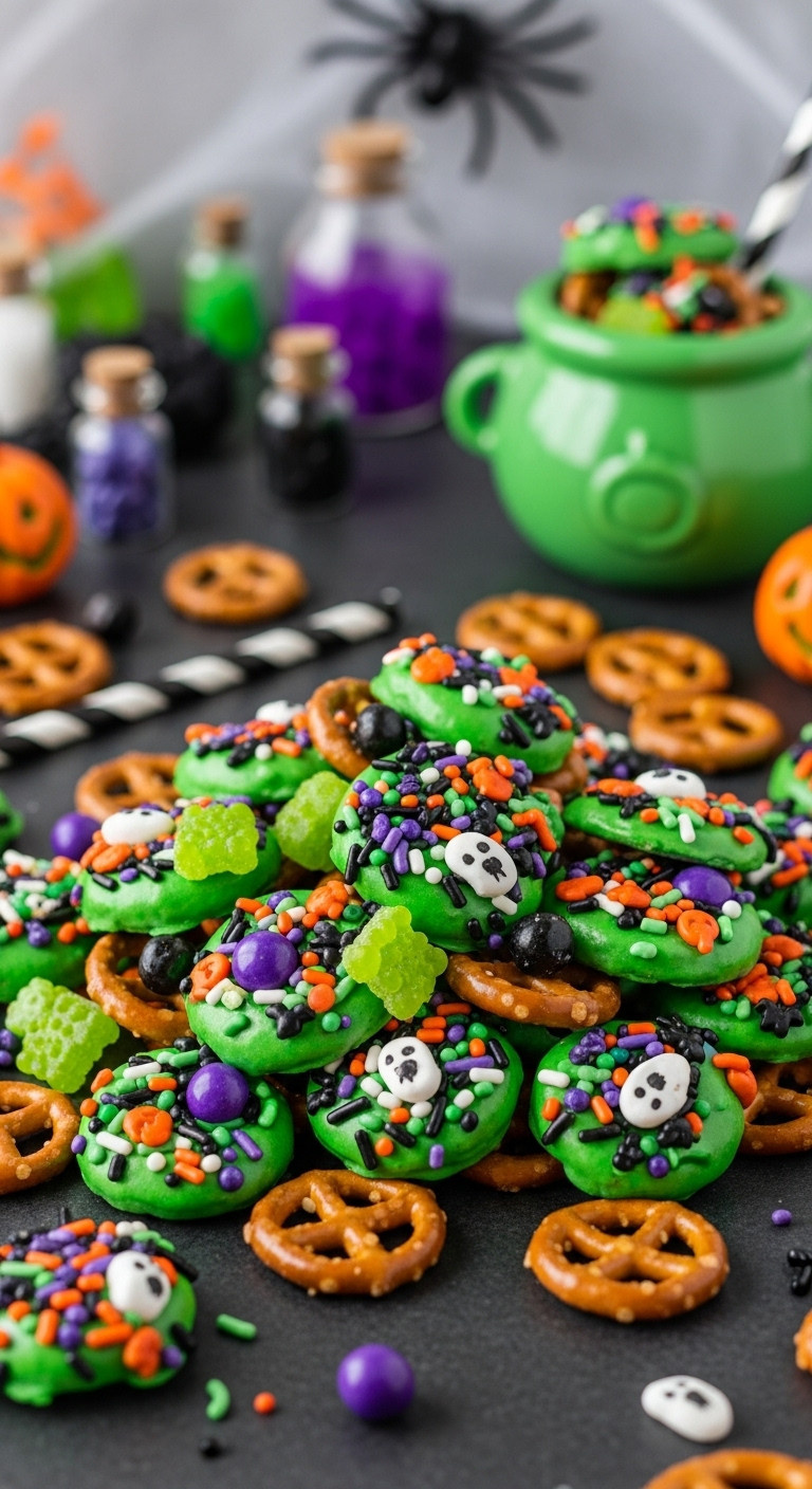 Vibrant Witches' Brew Green Candied Pretzels With Halloween Sprinkles, Sour Gummies On Dark Counter. Whimsical Spooky Party Snack.