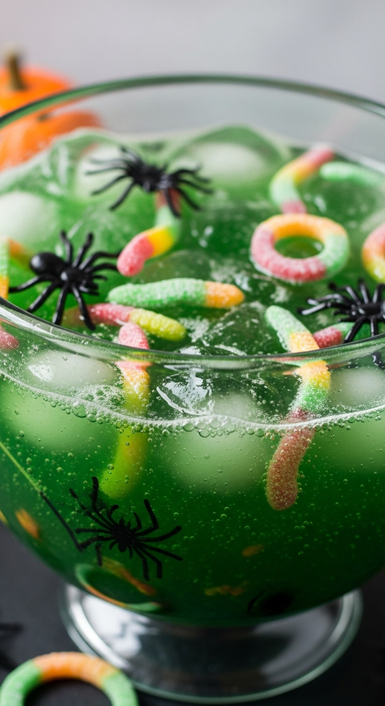 Vibrant Witches' Brew Punch: Bubbling Green Liquid, Gummy Worms, Plastic Spiders In Clear Bowl. Spooky Halloween Party.