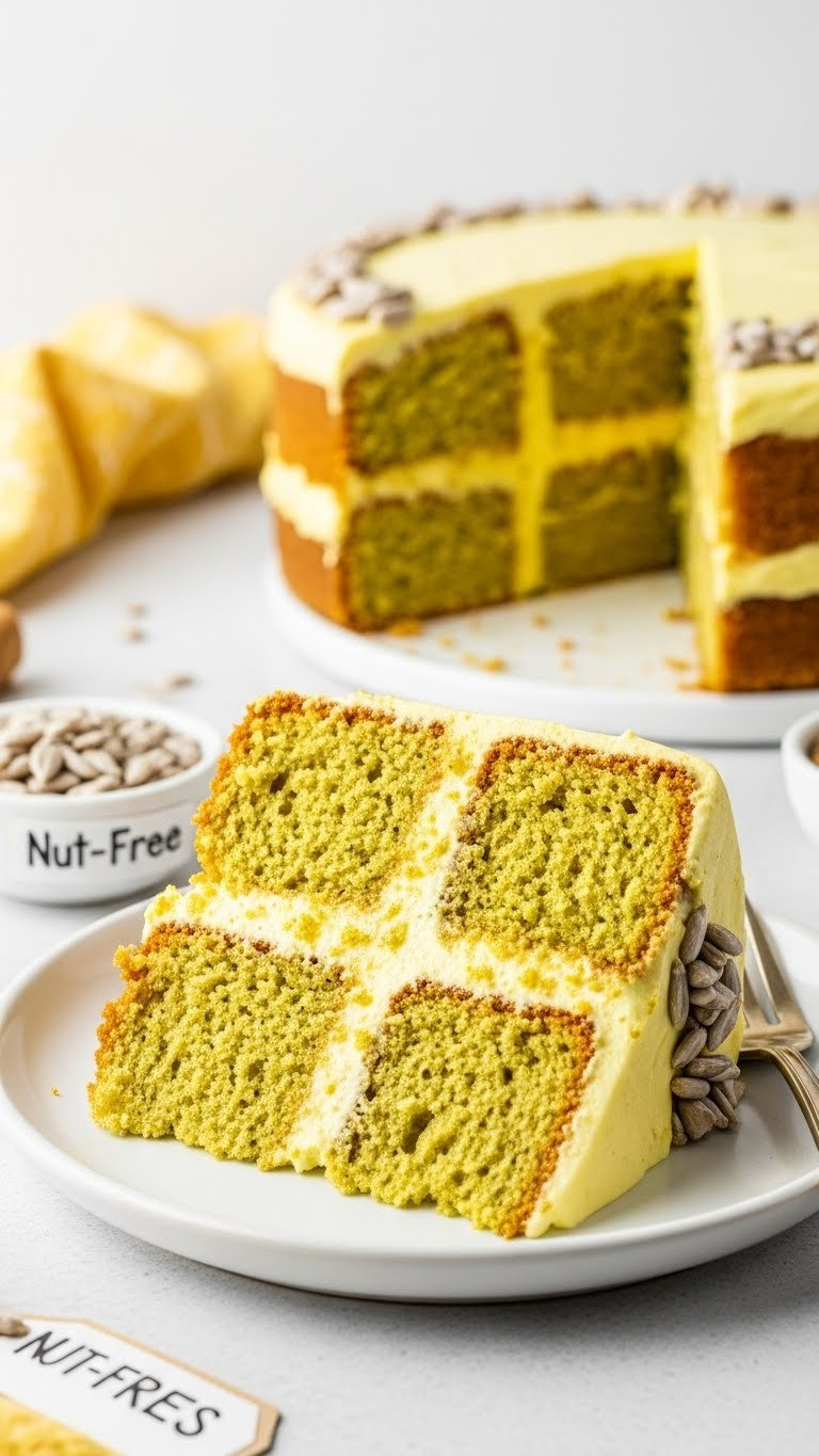 Vibrant Allergy-Friendly Yellow Layer Cake Slice With Green Tint From Sunflower Seed Butter On White Plate. Raw Seeds.