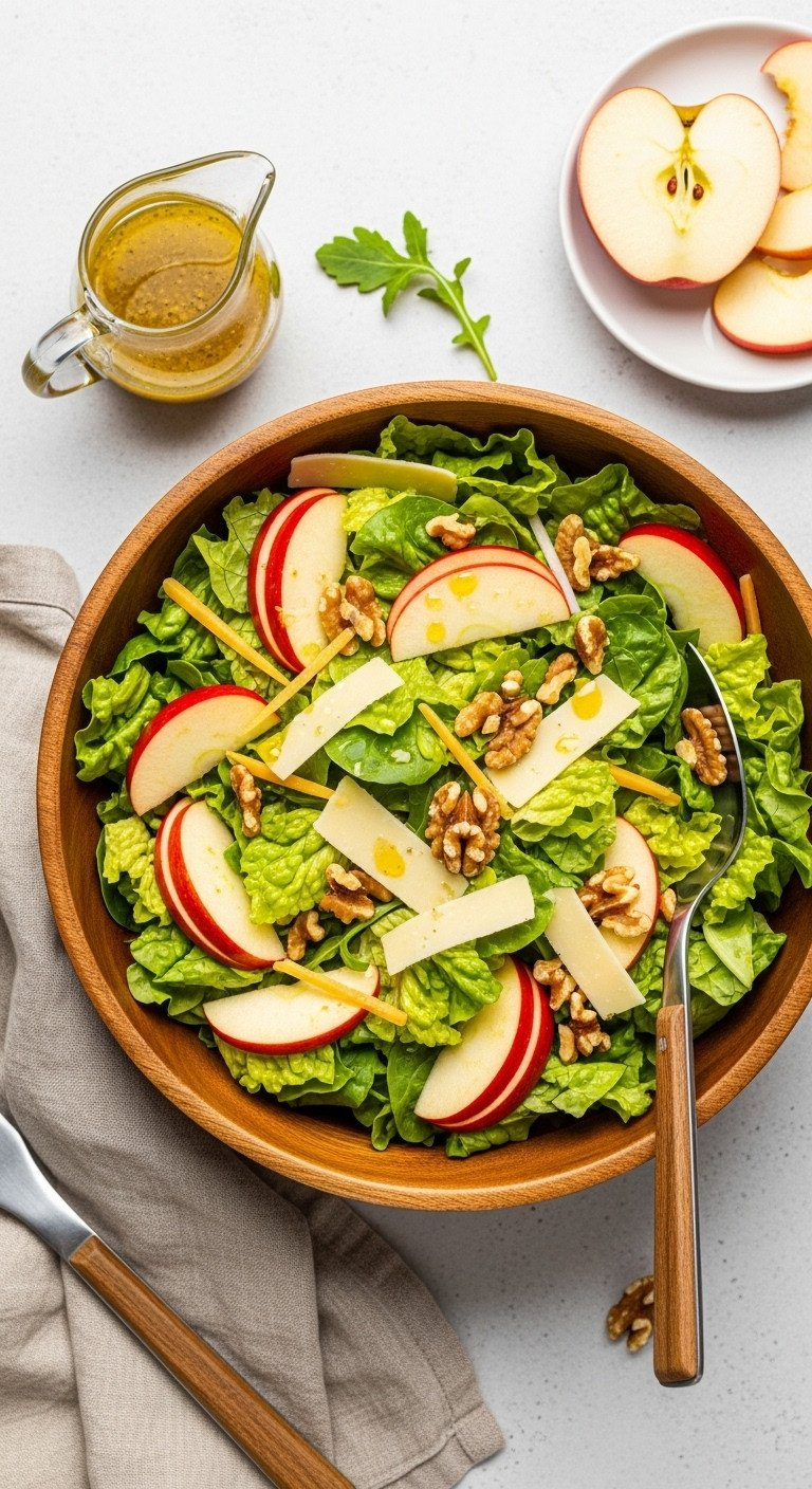 Vibrant Apple And Cheddar Salad With Crisp Lettuce, Red Apple Slices, Walnuts In A Wooden Bowl.