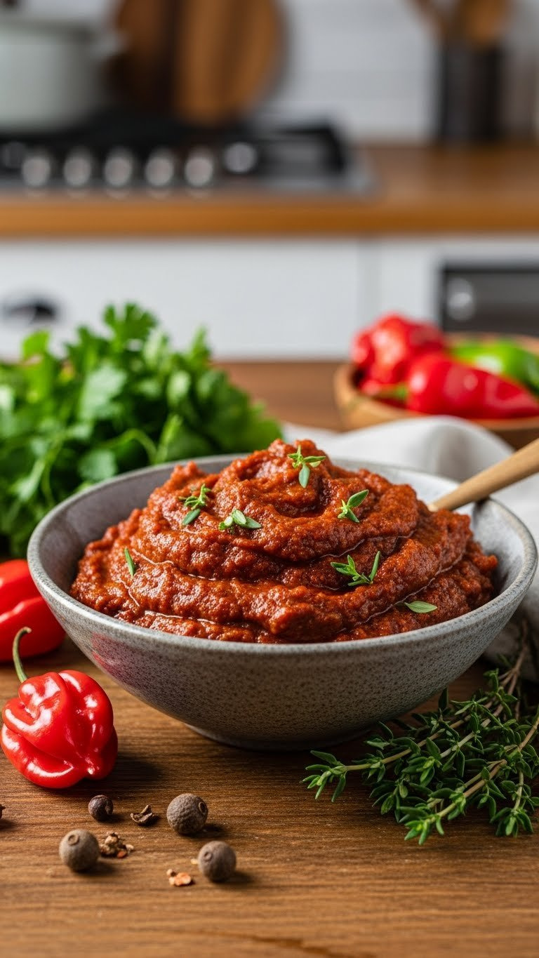 Vibrant Authentic Jerk Marinade With Green Herbs, Red Spices, And Scotch Bonnets In A Rustic Bowl On A Wooden Table.