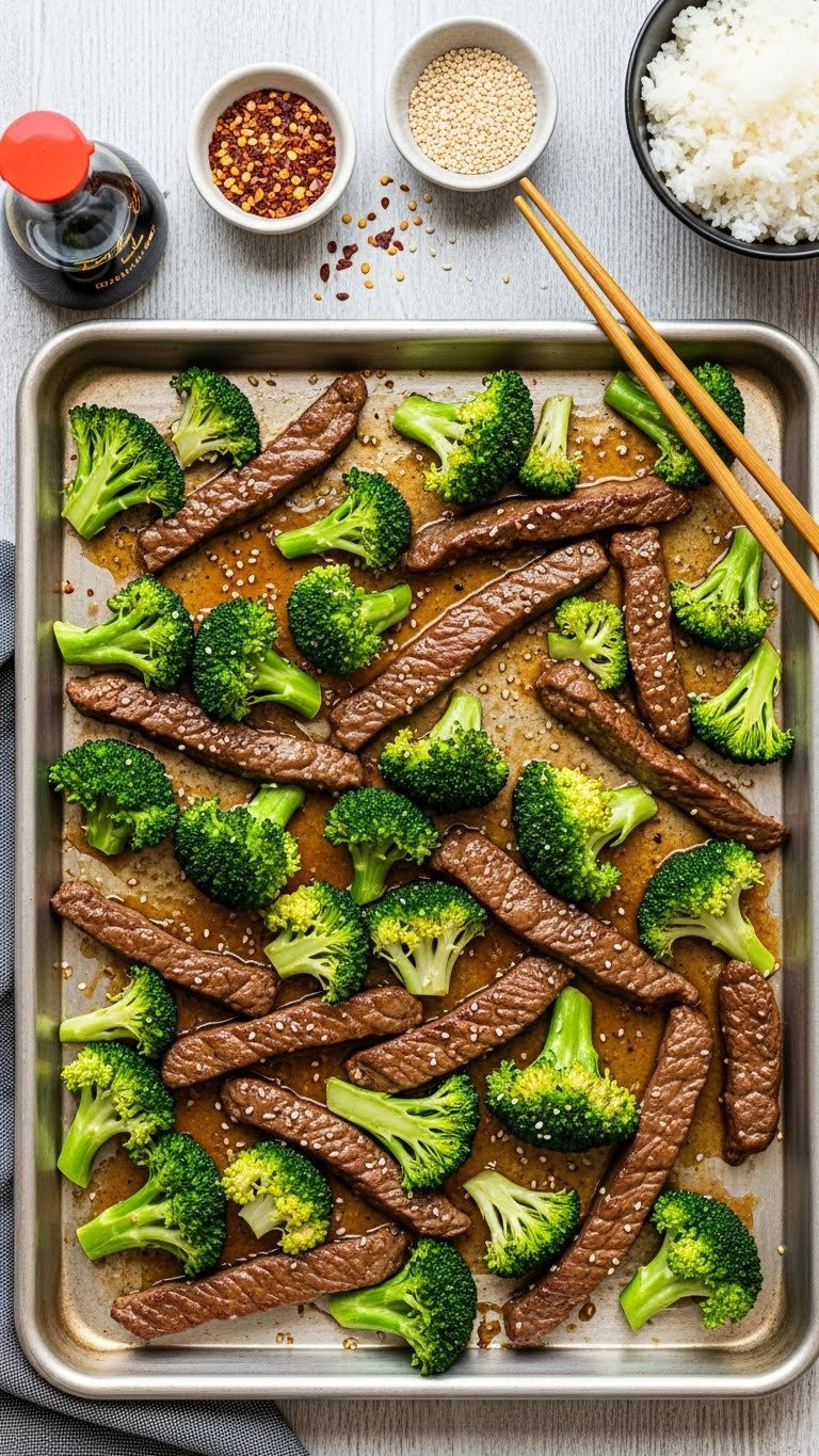 Vibrant Baked Beef And Broccoli With Glistening Beef Strips And Fresh Broccoli On Baking Sheet