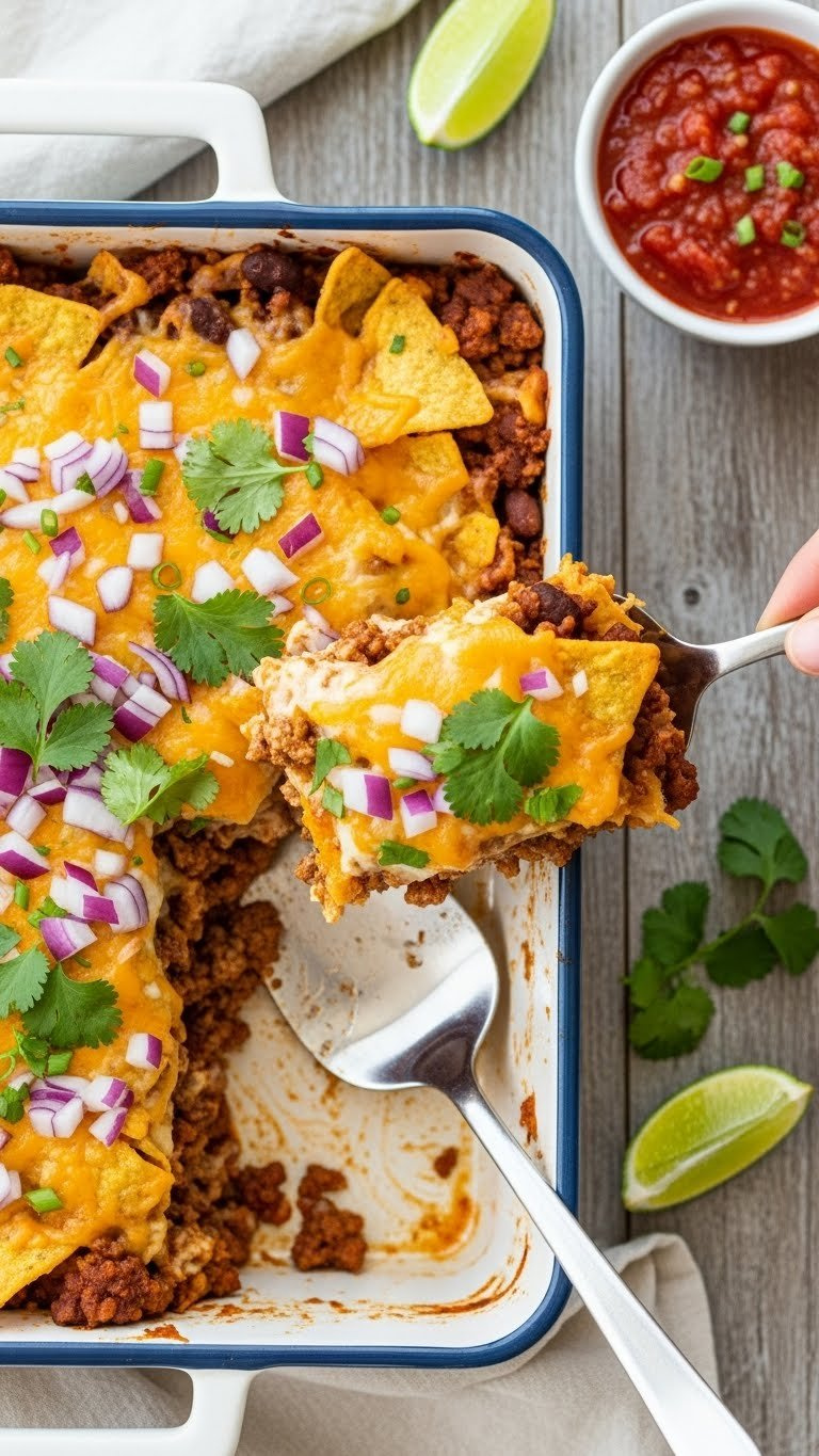 Vibrant Baked Taco Casserole With Seasoned Ground Beef, Tortilla Chips, And Melted Mexican Cheese Blend
