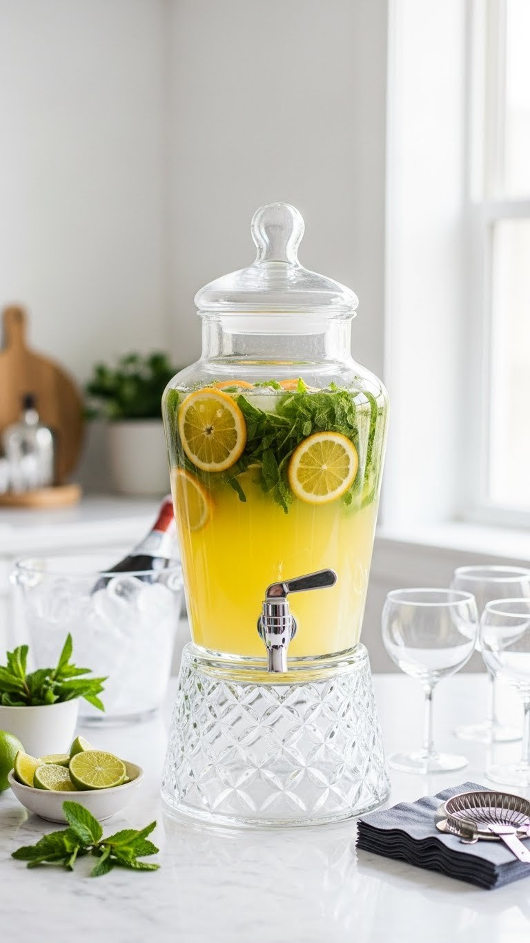 Vibrant Batch Cocktail In Glass Dispenser With Sliced Citrus And Fresh Herbs Floating In Liquid, Surrounded By Empty Elegant Glasses On Marble Countertop