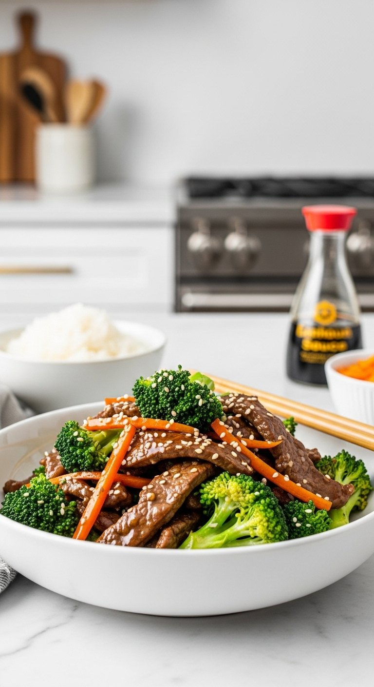 Vibrant Beef And Broccoli Stir-Fry With Tender Beef Strips, Fresh Green Florets, And Carrots In A Savory Brown Sauce.