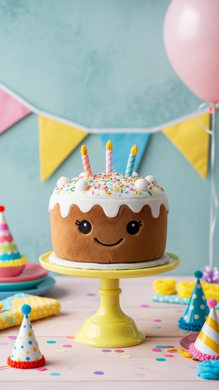 Vibrant Birthday Cake With Colorful Sprinkles, Embroidered Smile, And Party Candles On Bright Cake Stand