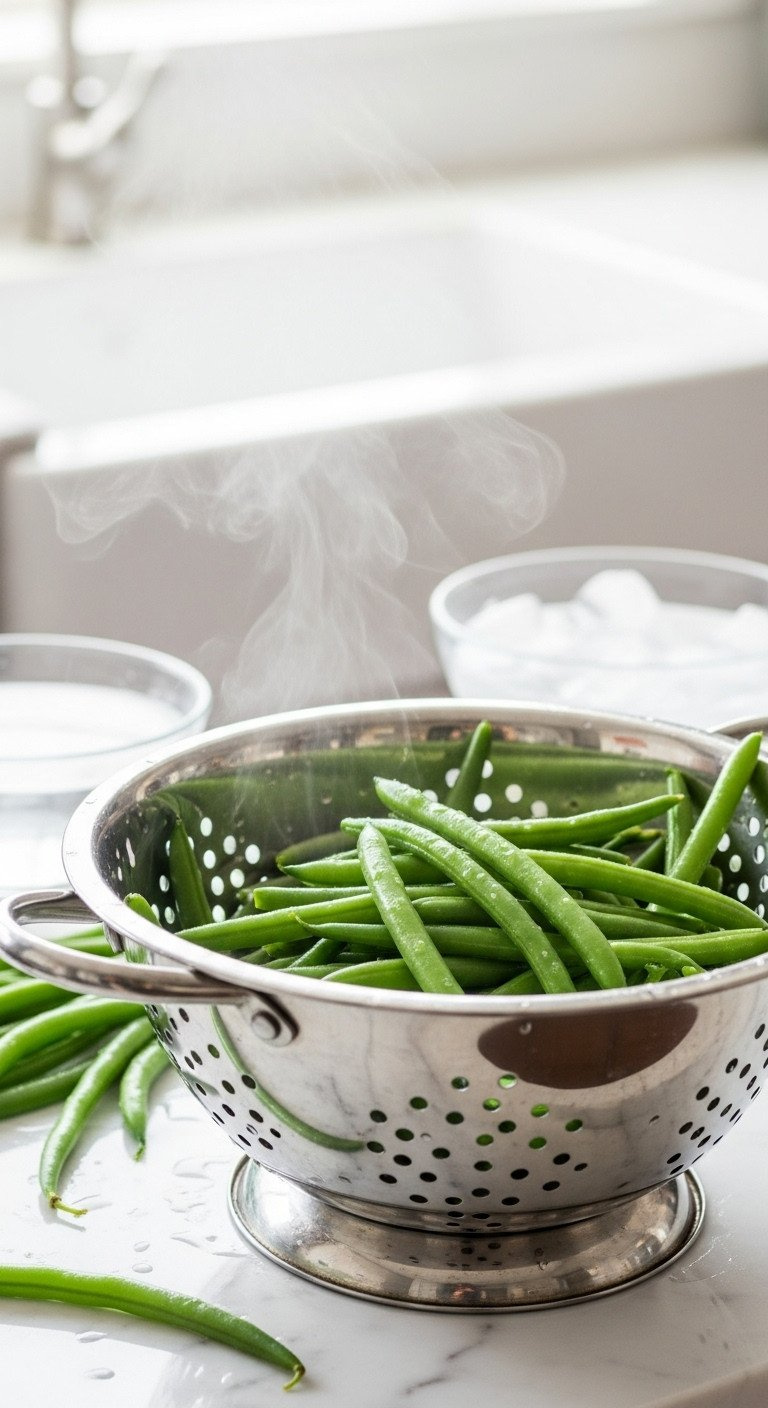 Vibrant Blanched Green Beans In A Stainless Steel Colander With Steam, On A White Marble Countertop, Recipe Ingredient.