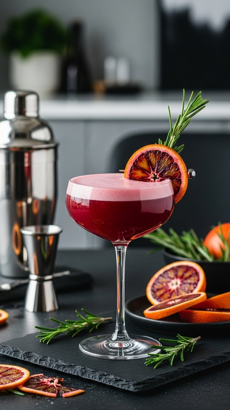 Vibrant Blood Orange Rosemary Sour Mocktail In Coupe Glass With Orange Wheel And Rosemary Garnish On Slate