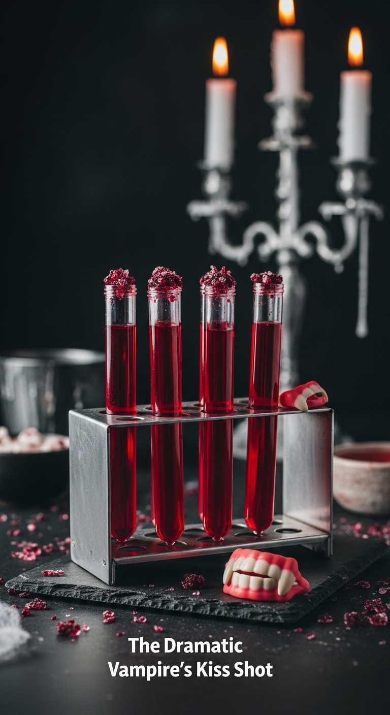 Vibrant Blood Red Vampires Kiss Halloween Shots In Test Tubes On Black Stone With Cobwebs And A Candelabra Background