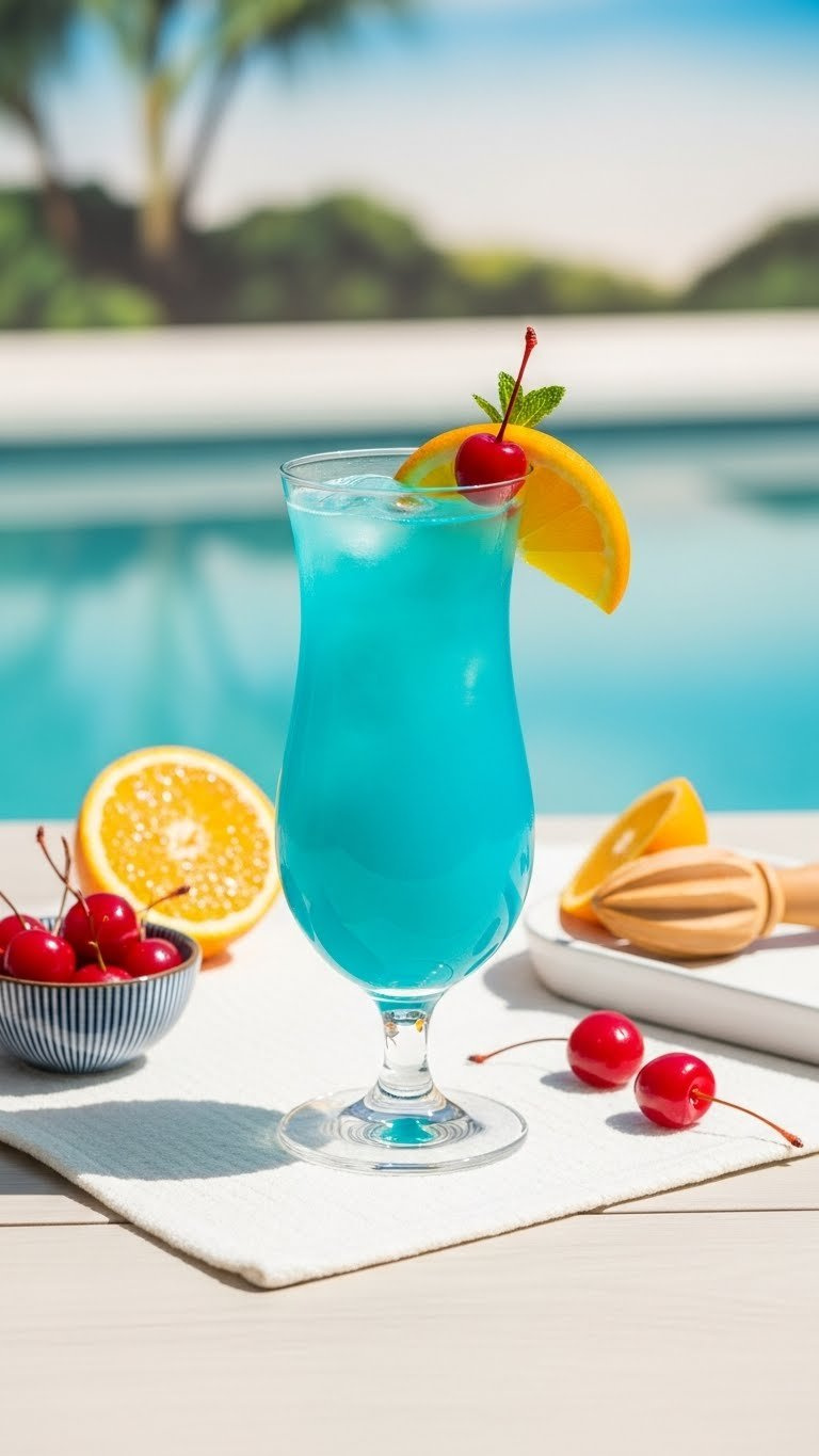Vibrant Blue Blue Lagoon Cocktail In Hurricane Glass With Orange Slice Garnish On White Bar Mat.