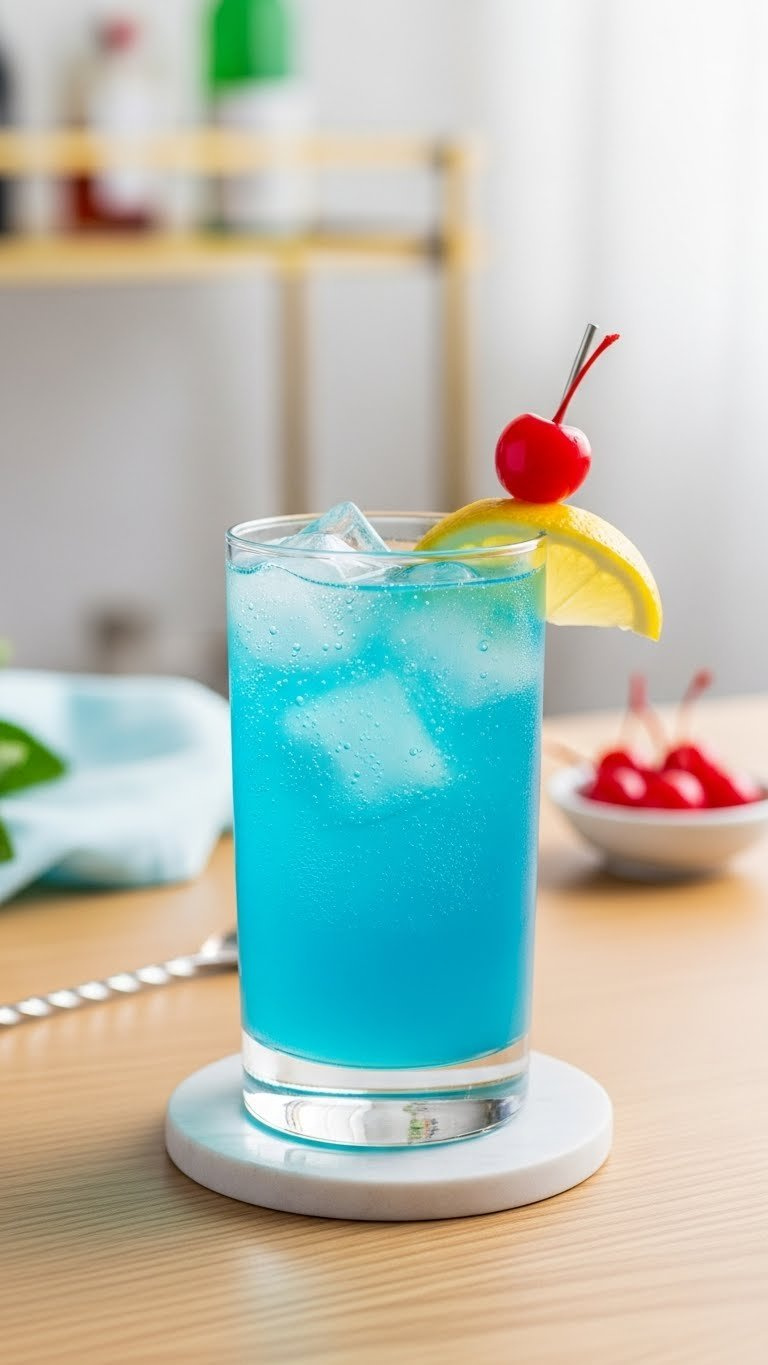 Vibrant Blue Lagoon Sprite Mocktail In Elegant Highball Glass With Ice Cubes, Maraschino Cherry, And Lemon Slice On Light Wooden Table